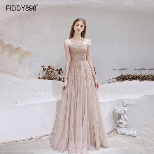 Modest Pink Long Sleeves Evening Dress 2021 Long Evening Party Dresses Women robe de luxe femme A-Line Prom Gown