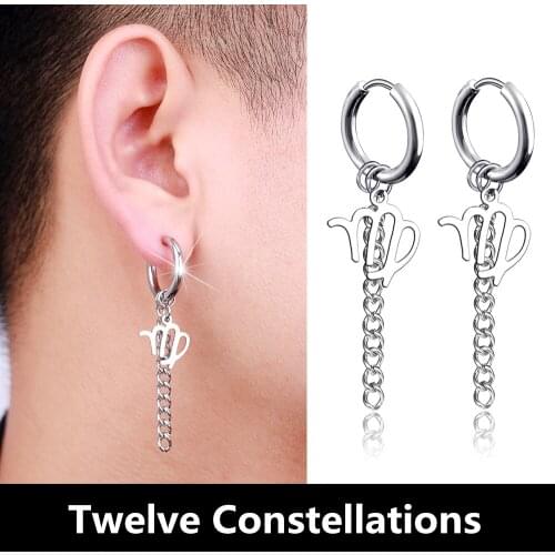 Steel Color Twelve Constellations Drop Earrings For Men Woman Classic Stainless Steel Chain Tassels Earrings Jewelry Gift