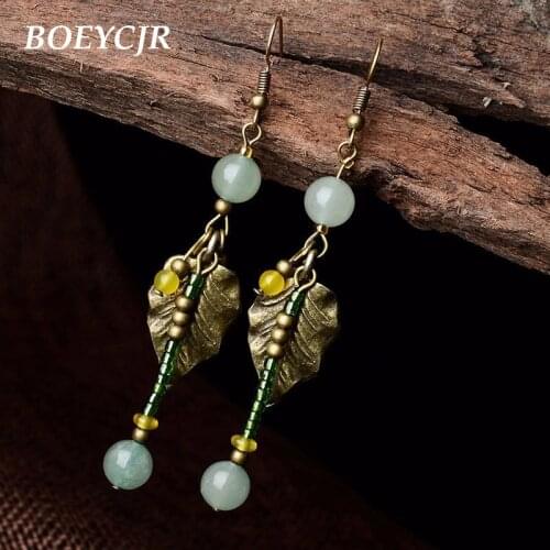 BOEYCJR Copper Leaf Stone Beads Drop Earrings Handmade Jewelry Hook Earrings Dangle Earrings for Women Fashion Gift