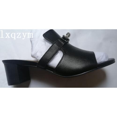 Thick Heel Slipper Women Shoes Genuine Leather Flip Flops Beautiful Slides High Heel Brand Ladies Mules Beach Metal Decoration