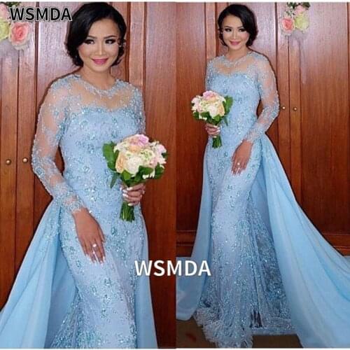 Light Sky Blue Mother of the Bride Dress with Detachable Train Overskirt Sparkly Lace Mermaid Evening Prom Wedding Party Gowns