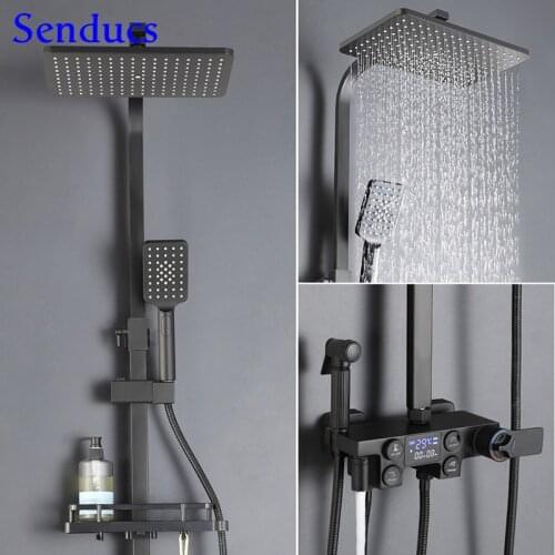Senducs Thermostatic Shower Mixer Set Quality Brass Bathroom Shower Mixer Faucet Rainfall Matte Black Digital Shower Mixer Set