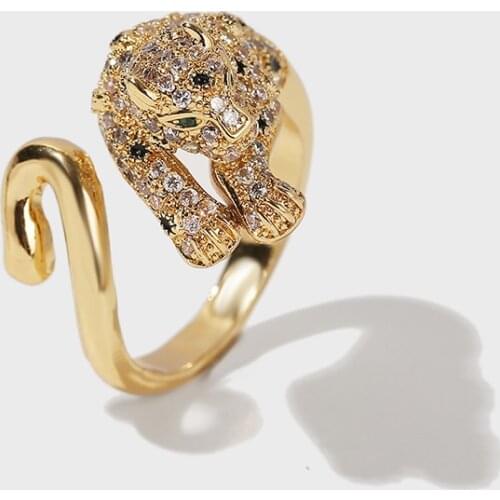 Punk Style Trendy Cubic Zirconia CZ Gold Color Copper Metal 3D Stereo Animal Leopard Adjustable Opening Rings For Women Men Gift