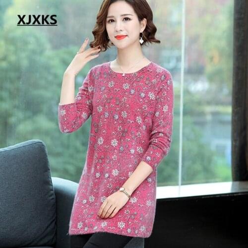 XJXKS Plus size high quality mink cashmere knitted dress women pullover 2019 autumn winter new comfortable women long sweater