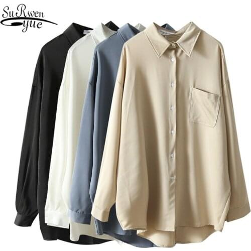 Korean Loose Long Shirt Women Blouse Fashion Top Female Womens Shirts Blouses Autumn Office Lady Solid Shirt Polo Collar 11307