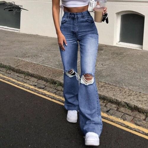Plus Size Flare Pants Female Handsome Jeans Pants Boyfriend Hole Jeans Women High Waist Zipper Ripped Jean Stright Trouser 15515