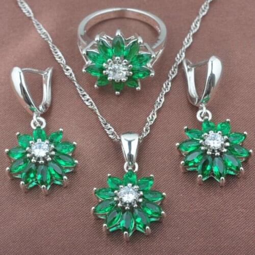 Green Zirconia Appealing Flower Shape Womens Silver Color Jewelry Sets Necklace Pendant Earrings Ring TZ0436