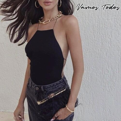 Vamos Todos 2021 Summer Backless Sexy Bodysuits Lace Up Backside Camis Top Solid White Black One Piece Elegant Women Jumpsuit