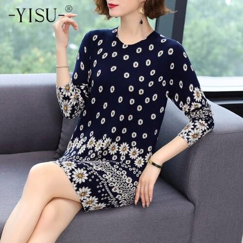 YISU Floral print sweater Dress Women 2020 Autumn Winter New knitted pullover O-Neck Long sleeve loose long Jumper Dress Women