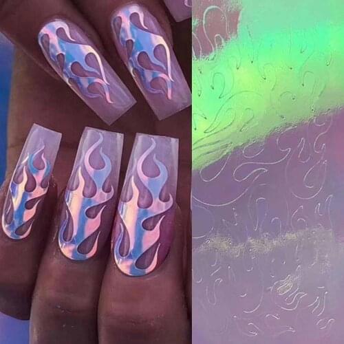 16Pcs/set Holographic Flame Nail Stickeres Fire Leaf Style Nail Flames Nail Art Foil Transfer Sticker Decal Decorations Set