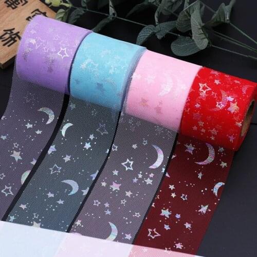 25Yards/roll 6CM Rainbow Star Moon Foil Tulle Roll Organza Baby Shower Party Supplies DIY Hair Bows Handmade Materials White