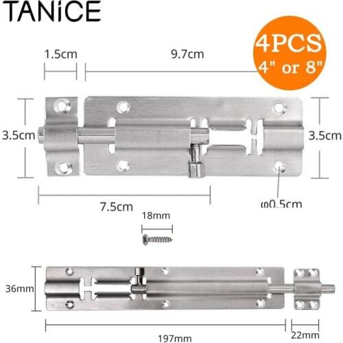 TANiCE 4Pcs Stainless Steel 4 / 8 Inch Tower Bolt Lacth Lock with Screws Kit Security Locks for Lightweight Doors Chests Cabinet