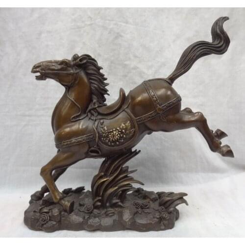 Bi002207 11" Folk China Pure Bronze Flower Year Zodiac FengShui Running Tang Horse Statue