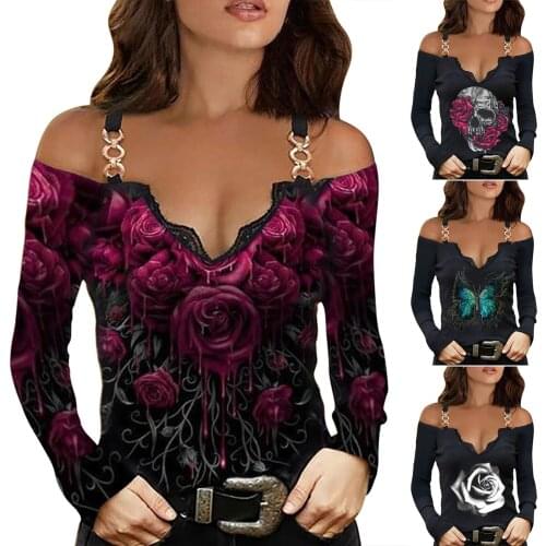 Off Shoulder Strapless Shirts Sexy Blouse Women V-neck Print Splicing Lace Bottoming Tops Shirts Korean Fashion Blouses Blusas