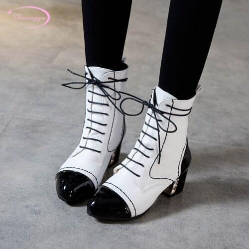 College style round toe ankle boots fashion lace-up matching color white yellow black thick high heel riding boots womens shoes
