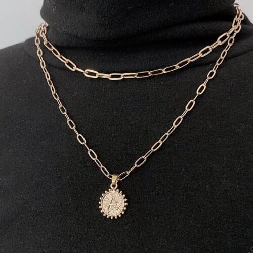 SRCOI New Trendy Letter Round Beads Coin Pendant Necklace Double-Layer Paper Clip Stacking Clavicle Chain Women Party Jewelry