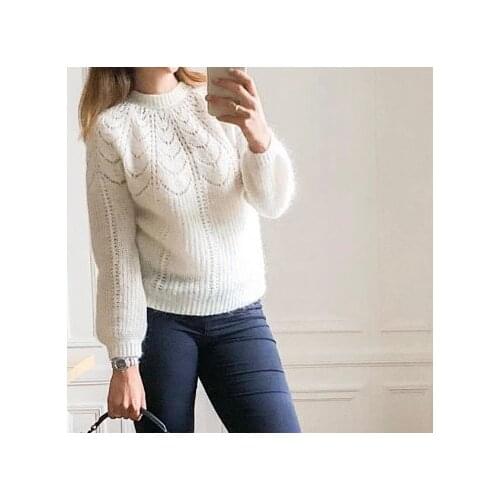 Elfbop Ladies White/Blue/Yellow/Green/Brown Knitting Mohair & Wool Hollow Out Sweater Pullover Top - 2019 New Style Jumper