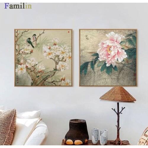 Retro classical Chinese hibiscus flower landscape oil painting canvas printings printed on canvas home wall art decoration pictu