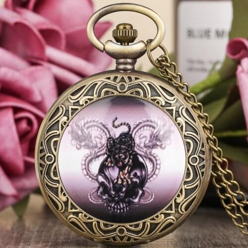 3D Creative Dragon Tiger Skull Pattern Quartz Pocket Watches Necklace Retro Bronze Flip Watch Arabic Numerals Dial Chain Clock