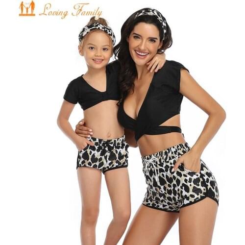 Mom Daughter 3 PCS SET Swimsuit Black Sexy Leopard Mommy And Me Girl Swimming Suit Family Look Swimwear Dad Son Men Beach Shorts