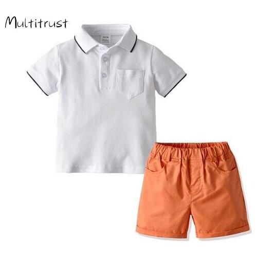 Boys Summer Clothes 2pcs Cotton Turn-down Collar School Boy T-shirts + Pants Toddler Boys Clothing Set Kids Tracksuit Sport Suit