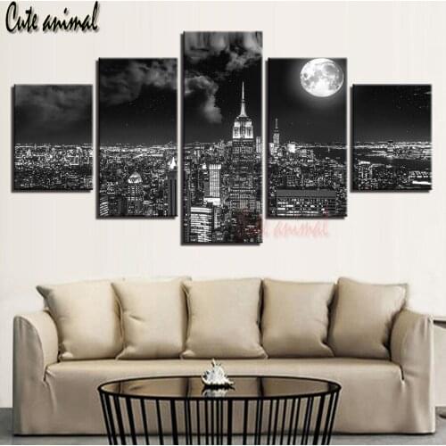5pcs full round square diamond embroidery city nightscape moonlight cross stitch black white art 5d diamond painting rhinestone