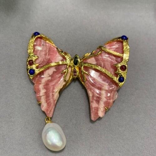 Natural fresh water pearl and semi-precious stone butterfly brooch double use 925 sterling silver with cubic zircon fashion