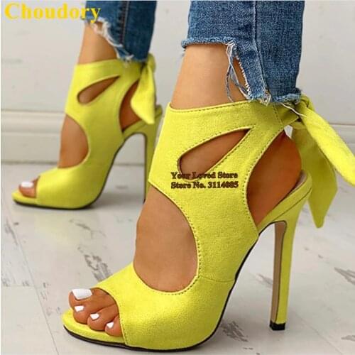 Choudory Neon Yellow Suede Cut-out Bowtie Sandals Thin High Heels Open Toe Lace-up Butterfly-knot Dress Pumps Ladies Party Shoes