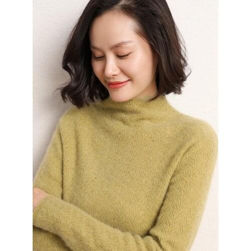 Cashmere 2020 autumn and winter new womens Korean loose half high lace collar solid color sweater