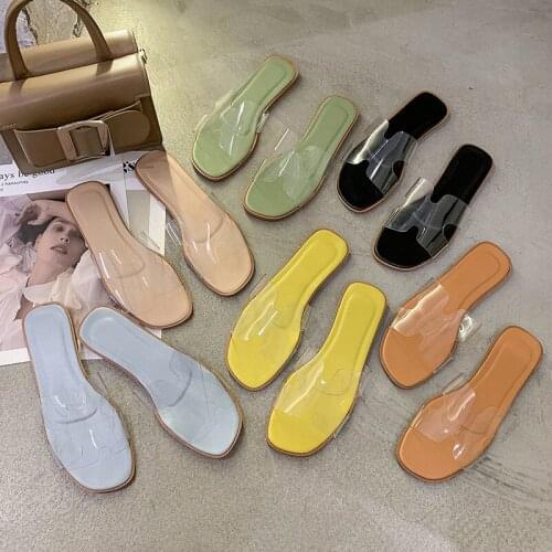 2020 Summer New Womens Slippers One Word Fashion Slipper Korean Version of Transparent Jelly Flat Women Square Head Sandals