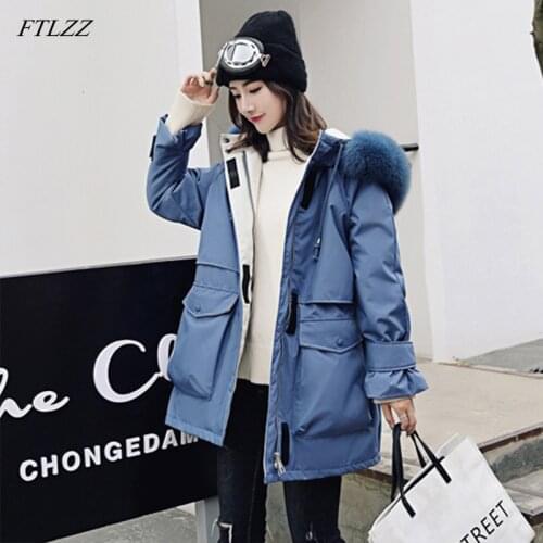 FTLZZ New Winter Jacket Women Large Fox Fur Coat White Duck Down Thick Parkas Warm Sash Tie Up Hooded Snow Overcoat