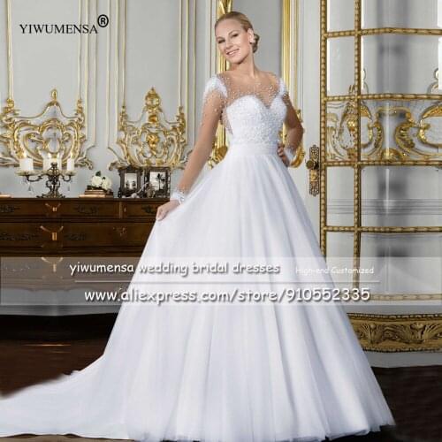 YIWUMENSA Trouwjurk Illusion Nude Long Sleeves Ball Gown Wedding Gowns Full Pearls Puffy Tulle Bridal Dresses Hochzeitskleid