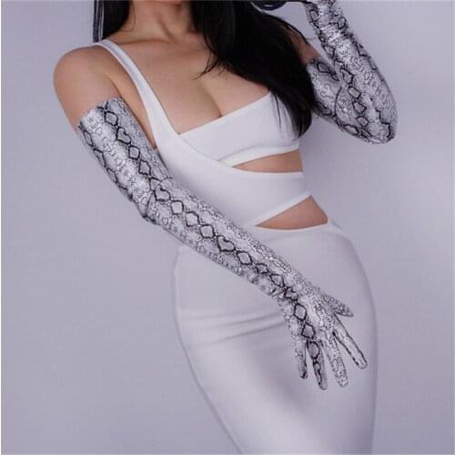 Snakeskin Extra Long Gloves 70cm Patent Leather Long Emulation Leather PU Bright Leather Animal Pattern Silver Serpent PU21