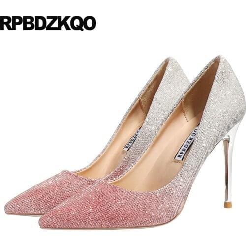 Pointed toe gold heels for women pink extreme glitter scarpin super size 33 2019 ultra high golden pumps thin bling evening