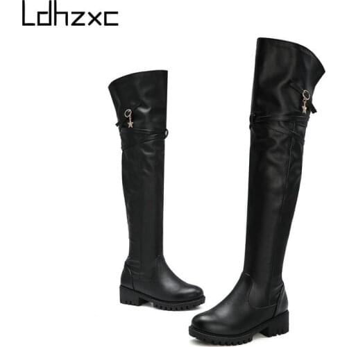 LDHZXC PU Down Waterproof Boots Square Heel Zipper Over The Knee Boots Round Toe Winter Women Long Boots Big Size34-43
