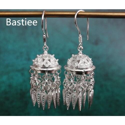 Bastiee Mongolian hat 999 Sterling Silver Tassel Earrings For Women Fine Jewelry Hmong Handmade Earring kolczyki Ethnic Vintage