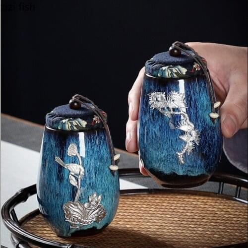 Blue Ceramic Tea Caddy Sealed Jar Small Storage Tank Candy Jar Tea Container Tea Organizer Home Decorative Jars Tea Can Tea Box