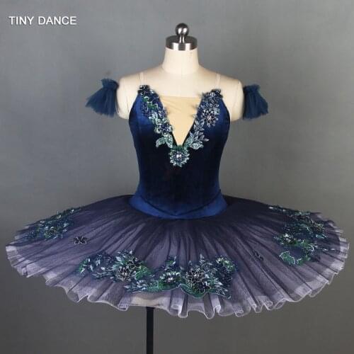 Dark Blue Professional Ballet Dance Tutu Vevet Bodice with Nude V Neck Pancake Tutu Ballerina Dress Performce Costumes BLL085