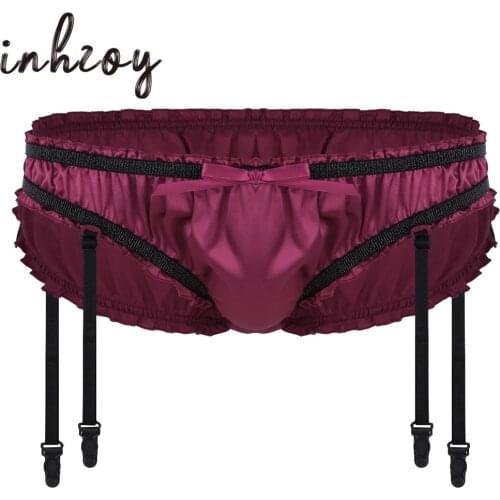 Sissy Panties Men Hot Sexy Lingerie Stretchy Satin Ruffle Briefs Bikini Thong Erotic Gay Underwear with Plastic Garter Underpant