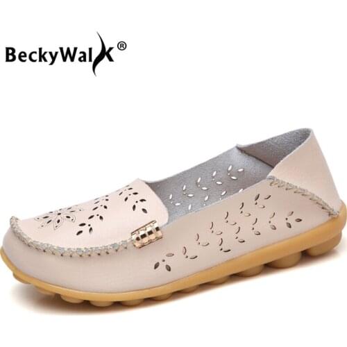BeckyWalk 2021 New Spring Summer Women Flats Breathable Genuine Leather Women Shoes Soft Sole Loafer Casual Shoes Woman WSH2672