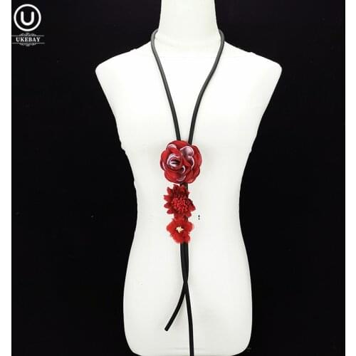 UKEBAY New Red Flowers Pendant Necklaces Boho Jewelry For Women Big Sweater Chains Gothic Long Necklace Handmade Rubber Jewelry