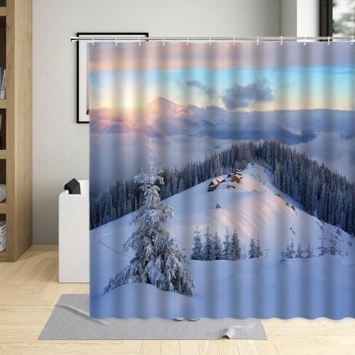Winter Snow Mountain Morning Scenery Shower Curtain Forest Iceberg Nature Landscape Bathtub Decor Waterproof Curtains With Hooks