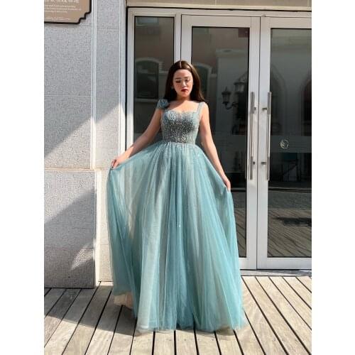 Green Fashion Ladies Bling Bling Evening Party Dark Gowns Sexy Sleeves Luxury Tulle Evening Gowns Real Photo