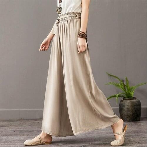 2021 New Summer Women Solid Long Pants Thin Cotton Linen Loose Comfortable Wide Leg Pants Trousers Green Khaki