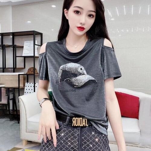 2012 Women Summer Korean Rhinestones T Shirts Fashion Off Shoulder Women Tops short sleeves