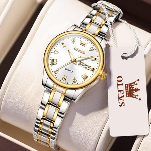 OLEVS New Fashion Women Watches Waterproof Week Display Calendar Elegant Ladies Watch Steel Strap Quartz Wristwatch Female Clock