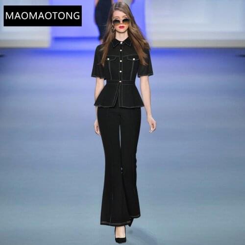 Fashion Designer Summer Black Pants Suit Womens Short Sleeve Single-breasted Tops And Flare Pants Two Pieces Set