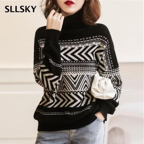 SLLSKY Simplicity Style Striped Sweater Women Autumn New Knitted Turtleneck Loose Pullover Sweater Long Sleeve Oversize Jumpers