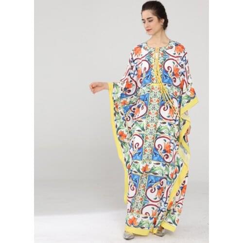 High quality Womens Batwing Sleeve fashion Loose long dress new designer runway bow print Holidays Casual Maxi dress