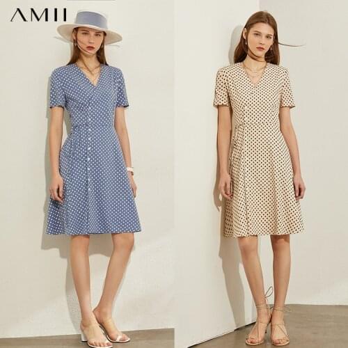 AMII Minimalism Spring Summer Vintage Dot Printed Women Dress Vneck High Waist Knee-length Female Dress 12030152